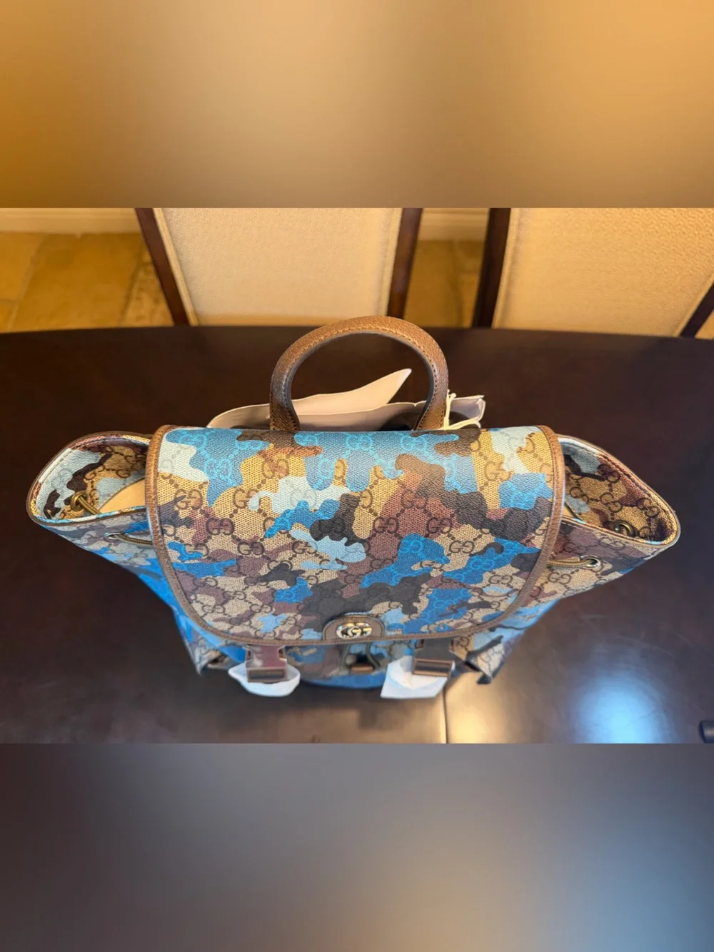 New Authentic Gucci GG Supreme Logo Blue Camo Backpack Tan Size Large